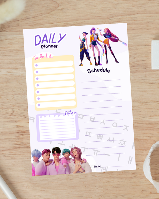 Planificador Diario K-Pop Demon Hunter para Niños – PDF Imprimible con Horario, Lista de Tareas y Notas con los Saja Boys Hola Korea