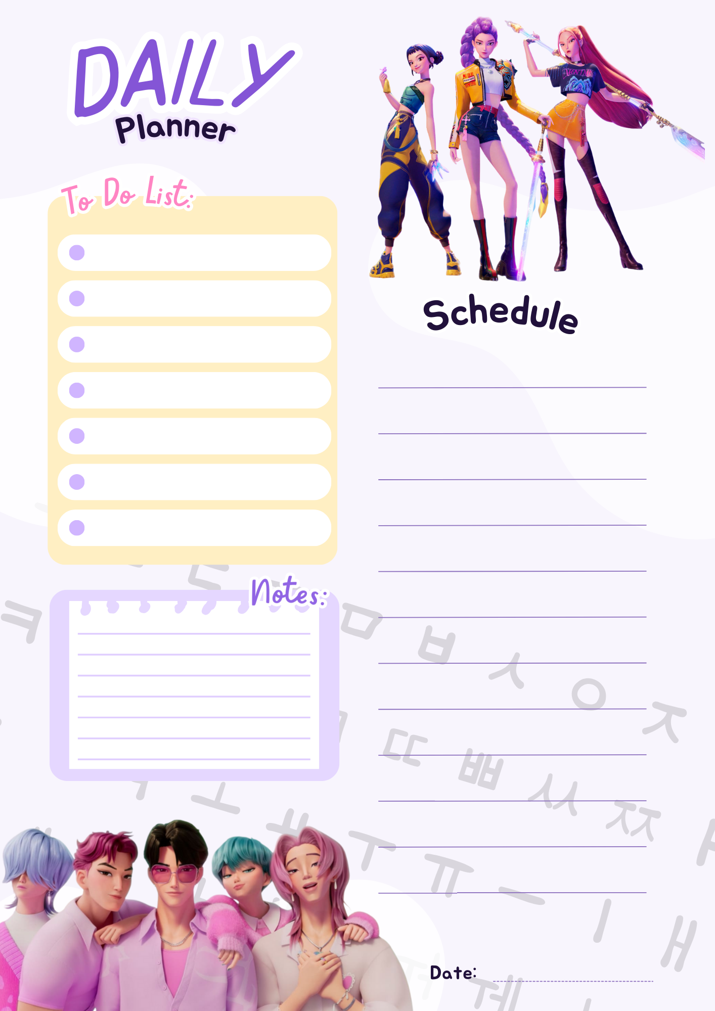 Planificador Diario K-Pop Demon Hunter para Niños – PDF Imprimible con Horario, Lista de Tareas y Notas con los Saja Boys Hola Korea