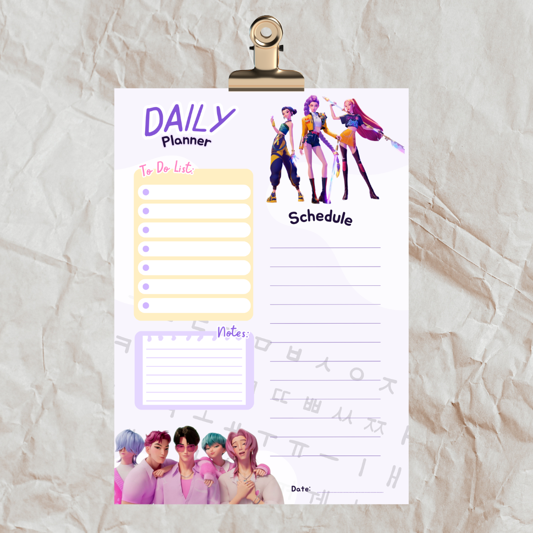 Planificador Diario K-Pop Demon Hunter para Niños – PDF Imprimible con Horario, Lista de Tareas y Notas con los Saja Boys Hola Korea